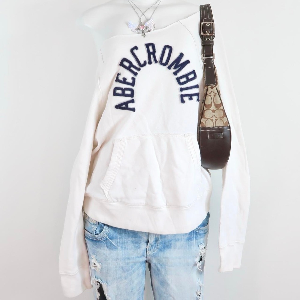 abercrombie white off the shoulder pullover hoodie y2k spellout